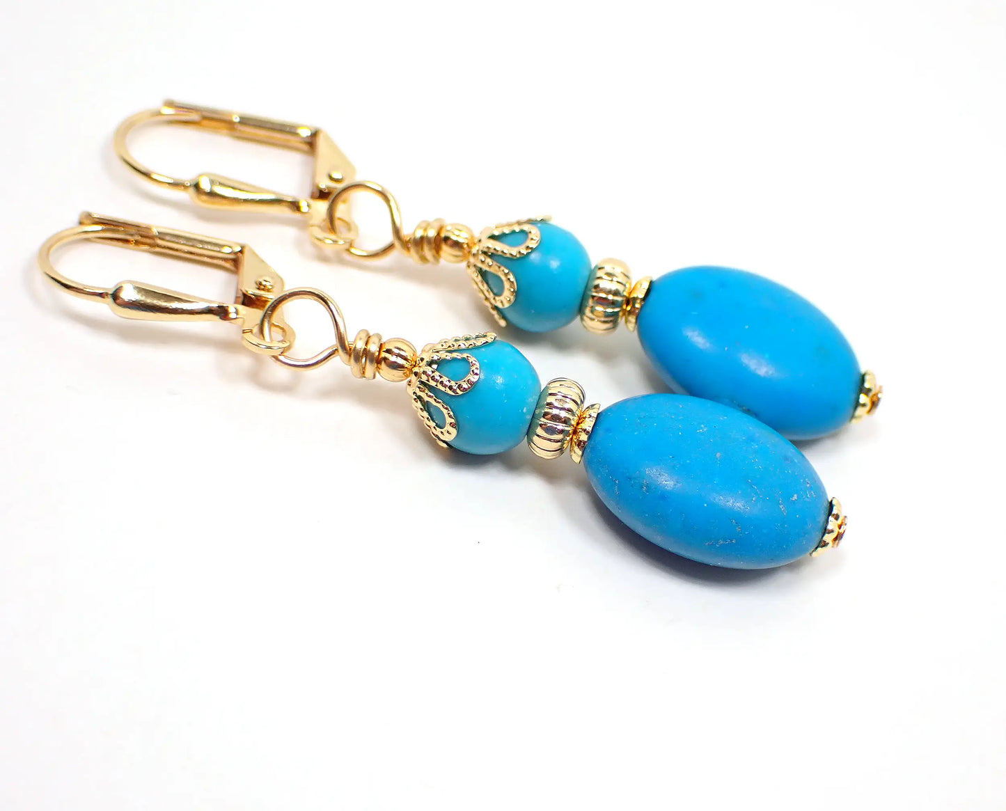 Dyed Magnesite and Chalk Turquoise Gemstone Handmade Drop Earrings, Gold Plated, Hook Lever Back or Clip On