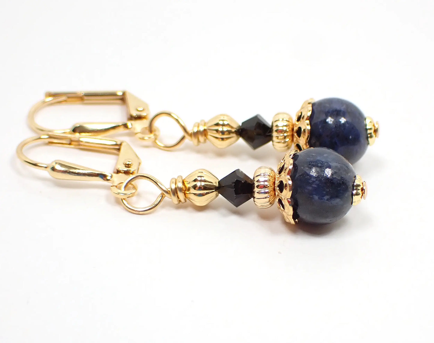 Small Denim Blue Sodalite Gemstone Handmade Drop Earrings, Boho Jewelry, Gold Plated, Hook Lever Back or Clip On