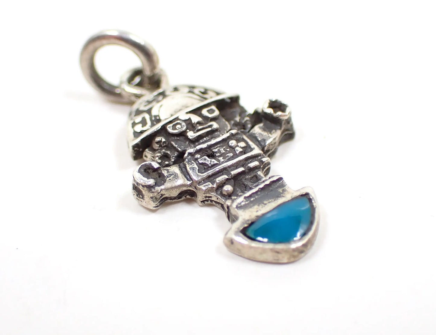 Small Retro Vintage Inca Inti Sun God Charm, Silver Tone and Turquoise, Mexican Southwestern