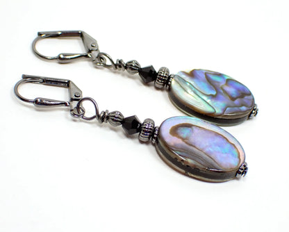 Abalone Handmade Drop Earrings, Gunmetal Plated, Boho Jewelry, Hook Lever Back or Clip On