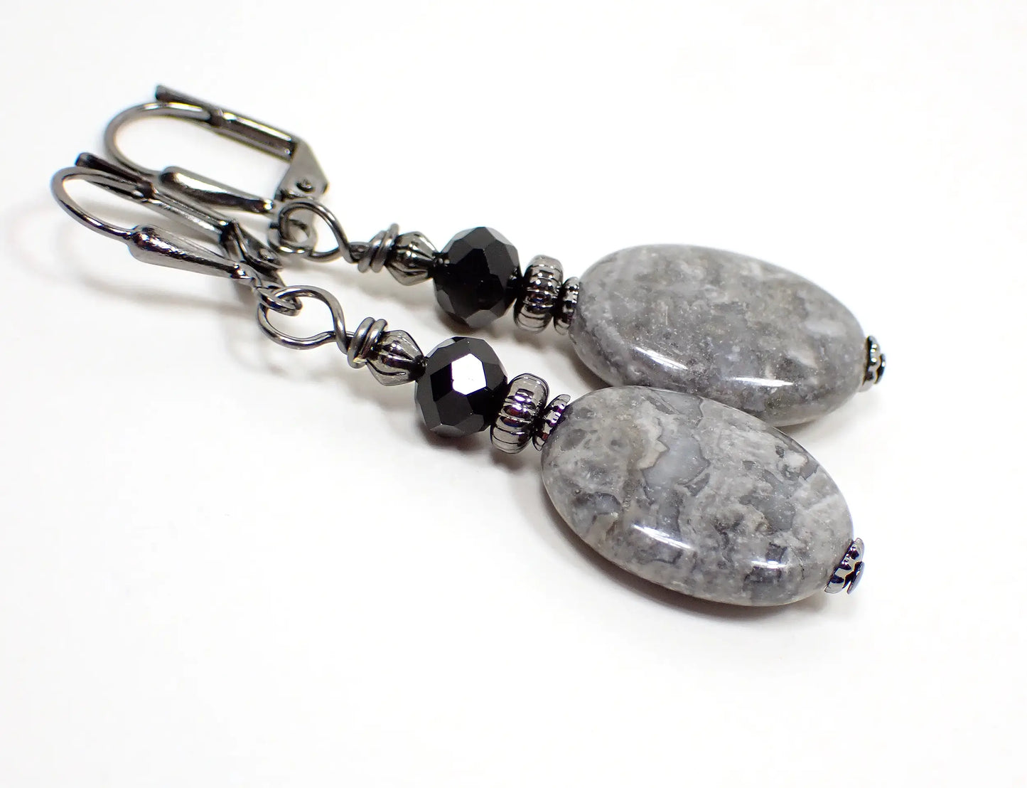 Crazy Lace Agate Gemstone Handmade Earrings, Gunmetal Plated, Boho Jewelry, Hook Lever Back or Clip On
