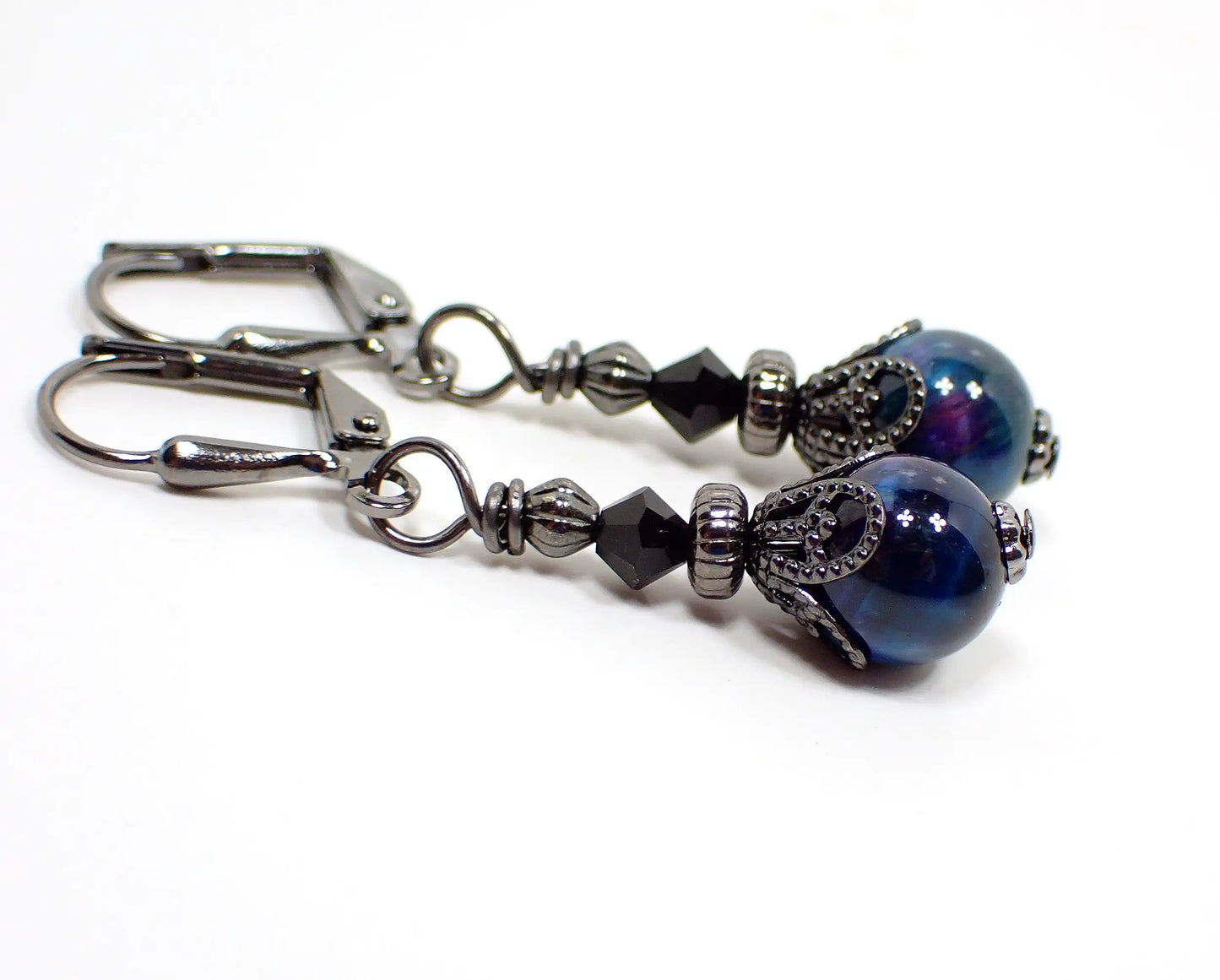 Small Blue and Purple Dyed Tiger's Eye Handmade Drop Earrings, Gunmetal Plated Hook Lever Back or Clip On