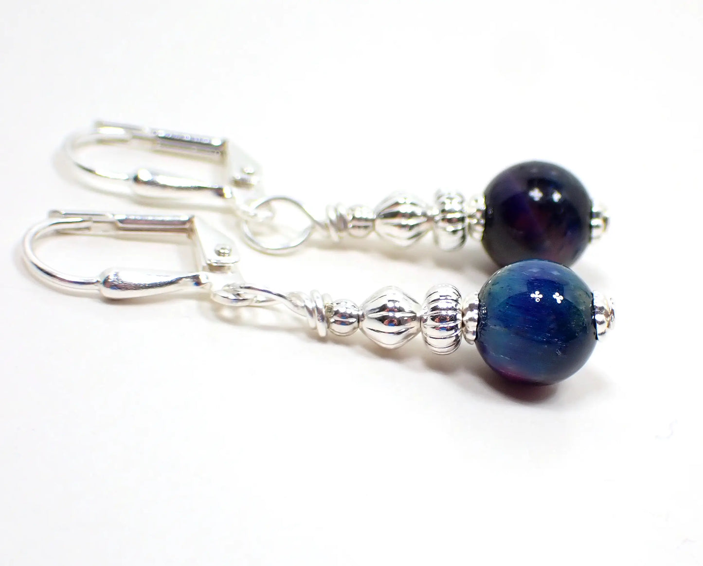 Small Blue Dyed Tiger's Eye Handmade Drop Earrings, Silver Plated Hook Lever Back or Clip On