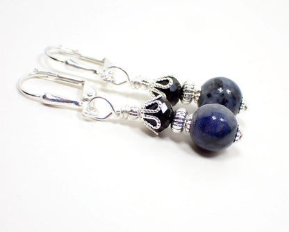 Small Denim Blue Sodalite Gemstone Handmade Drop Earrings, Boho Jewelry, Silver Plated, Hook Lever Back or Clip On