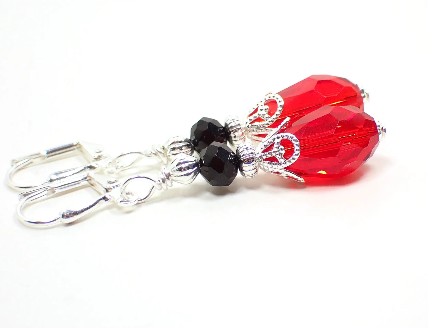 Black and Red Handmade Glass Crystal Teardrop Earrings, Silver Plated, Hook Lever Back or Clip On