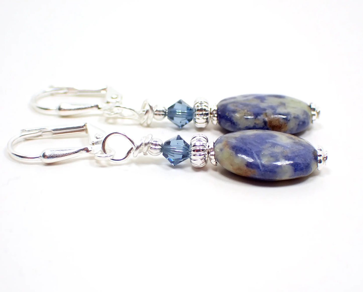 Marbled Sodalite Gemstone Handmade Earrings, Boho Jewelry, Silver Plated, Hook Lever Back or Clip On