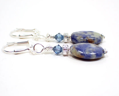 Marbled Sodalite Gemstone Handmade Earrings, Boho Jewelry, Silver Plated, Hook Lever Back or Clip On