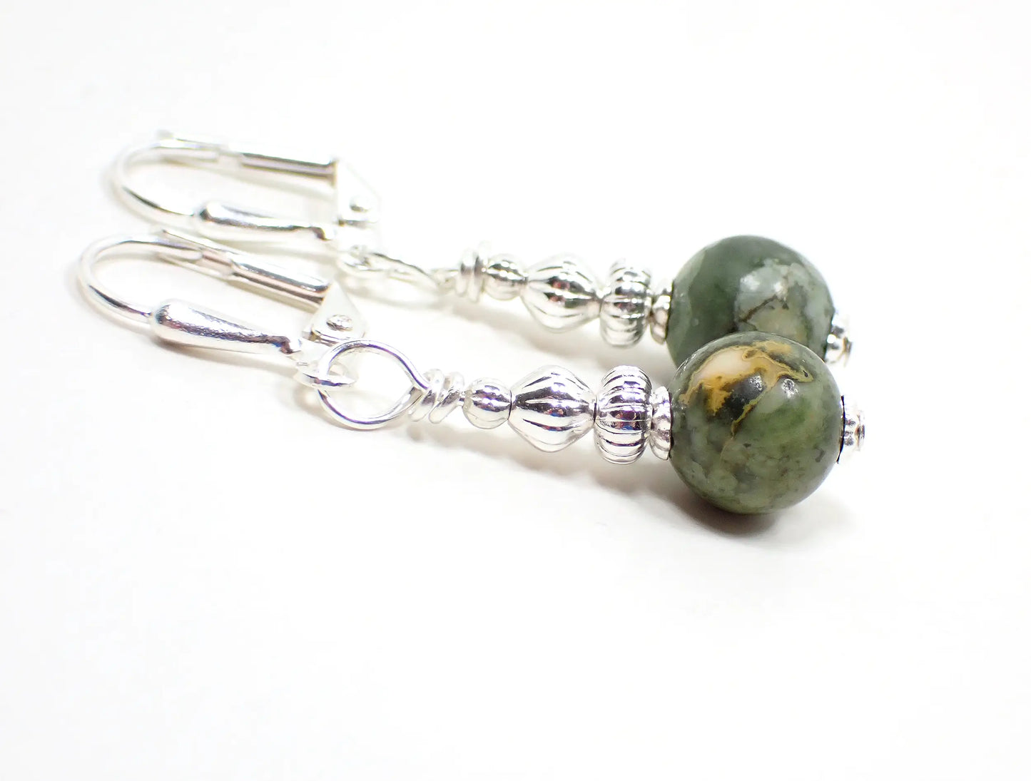 Rainforest Jasper Gemstone Handmade Drop Earrings, Boho Jewelry, Silver Plated, Hook Lever Back or Clip On