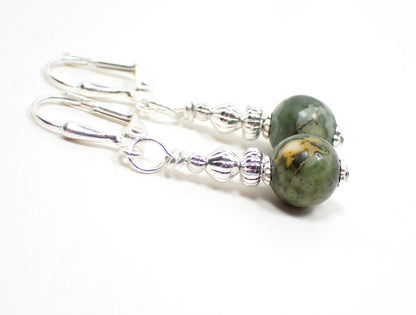 Rainforest Jasper Gemstone Handmade Drop Earrings, Boho Jewelry, Silver Plated, Hook Lever Back or Clip On