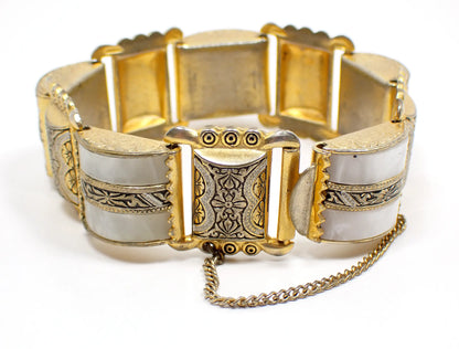 Damascene and Lucite Mid Century Vintage Wide Link Bracelet with Safety Chain