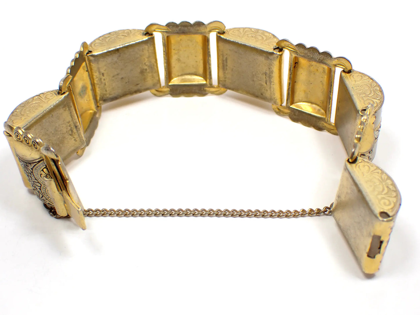 Damascene and Lucite Mid Century Vintage Wide Link Bracelet with Safety Chain