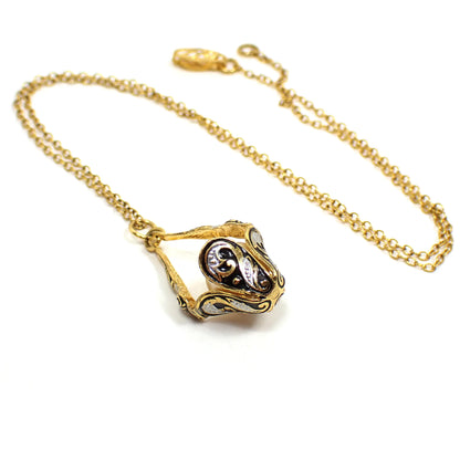 Faux Pearl and Damascene Style Vintage Pendant Necklace