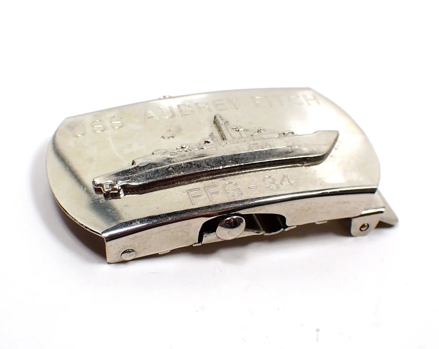 1980s Aubrey Fitch FFG 34 Vintage Belt Buckle, Silver Tone Slide Through Style, Made in Japan