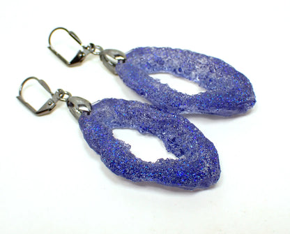 Oval Blue Glitter Resin Handmade Earrings, Faux Druzy Geode Slice Style, Gunmetal Plated, Hook Lever Back or Clip On