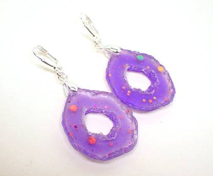 Purple with Glitter Resin Druzy Geode Slice Style Handmade Earrings, Silver Plated, Hook Lever Back or Clip On