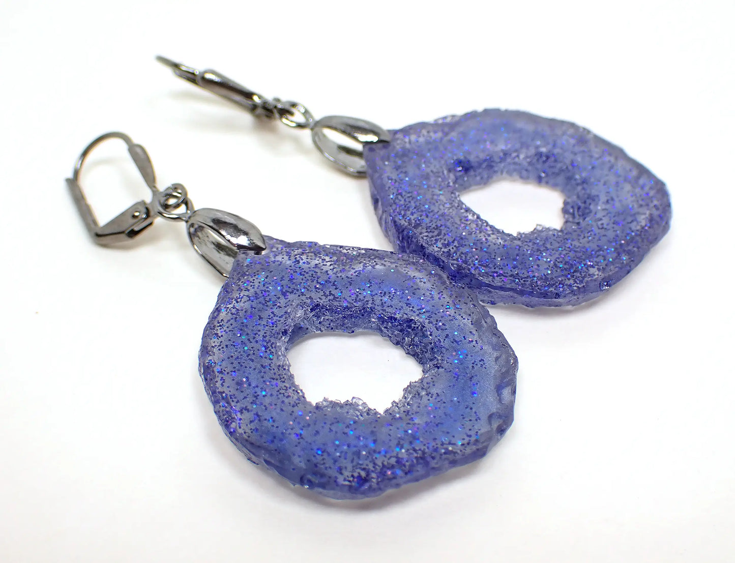 Blue Glitter Druzy Geode Style Handmade Resin Earrings, Gunmetal Hook Lever Back or Clip On