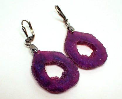 Pearly Purple Druzy Geode Style Handmade Resin Earrings, Gunmetal Hook Lever Back or Clip On