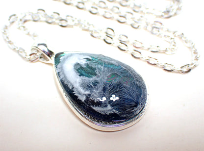Iridescent Blue Green Resin Frosty Water Teardrop Handmade Pendant Necklace, Silver Plated
