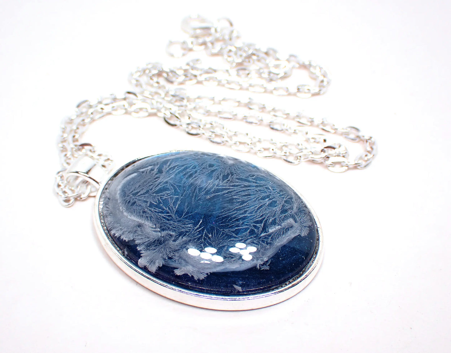 Large Oval Handmade Abstract Blue Frost Resin Pendant Necklace, Silver Plated