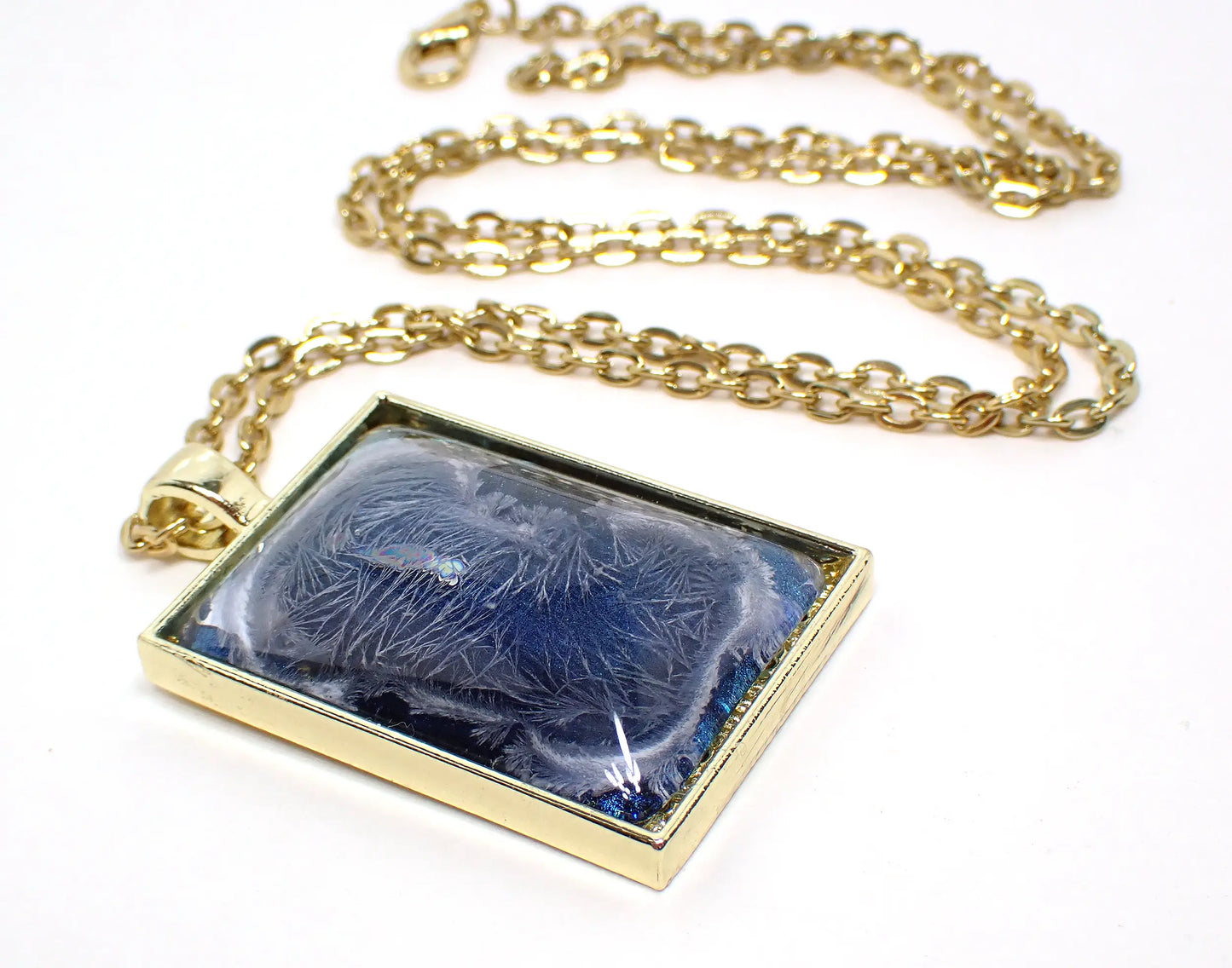 Handmade Abstract Blue Frost Resin Pendant Necklace, Gold Plated Rectangle