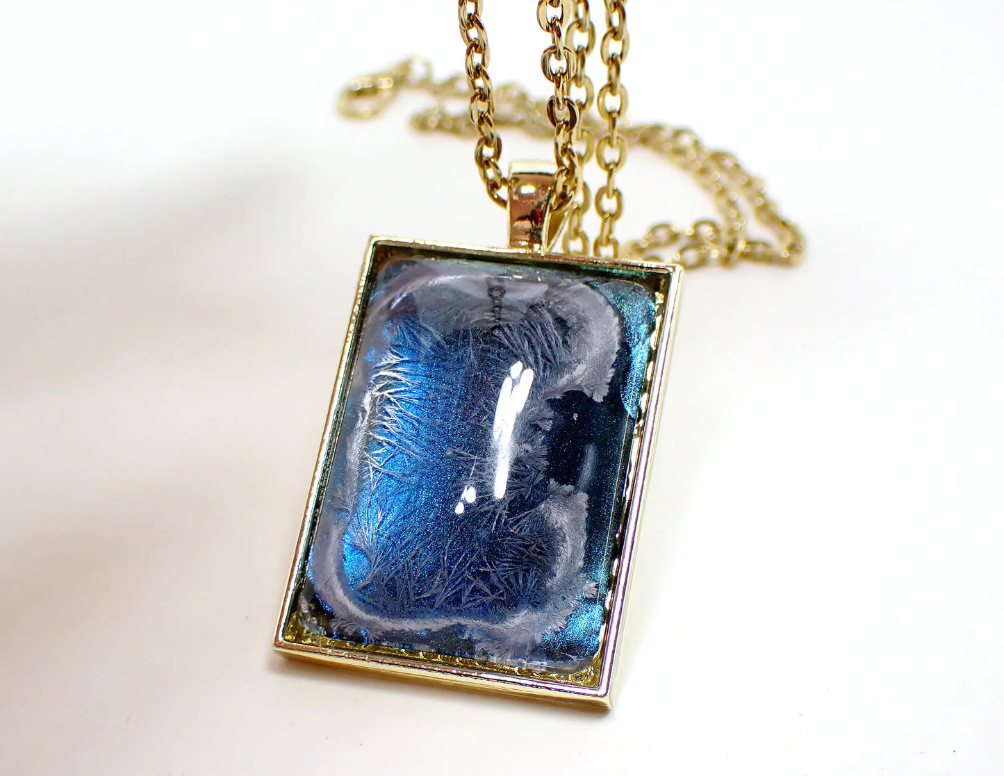 Handmade Abstract Blue Frost Resin Pendant Necklace, Gold Plated Rectangle