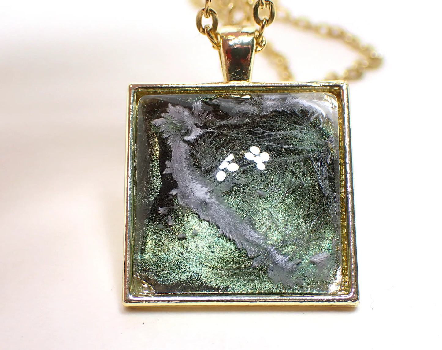 Handmade Resin Pendant Necklace, Iridescent Green with Abstract Frost, Gold Plated Square