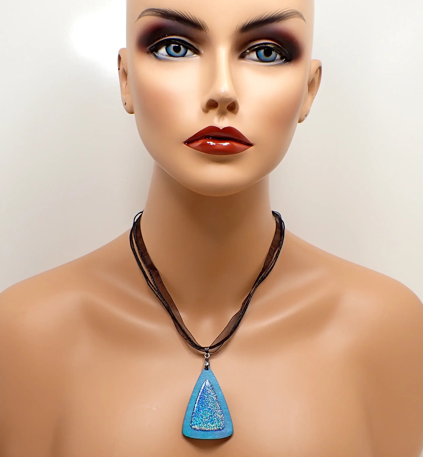 Handmade Blue Dyed Triangle Wood Pendant with Iridescent Holographic Glitter Resin, Holo Geometric Jewelry