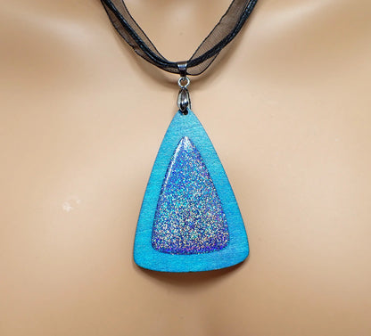Handmade Blue Dyed Triangle Wood Pendant with Iridescent Holographic Glitter Resin, Holo Geometric Jewelry