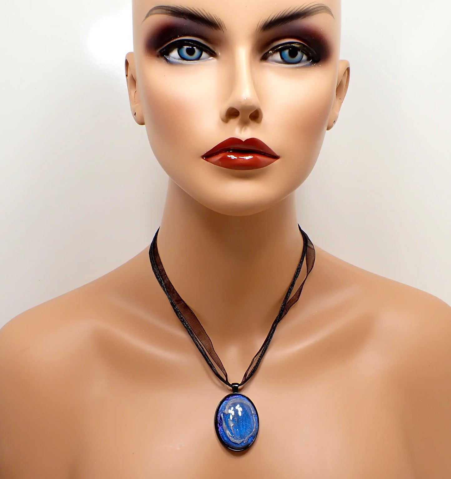 Goth Large Oval Handmade Blue Frost Resin Pendant Necklace