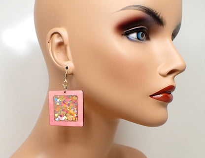 Large Pink Dyed Wood and Confetti Resin Handmade Geometric Earrings, Gold Plated, Hook Lever Back or Clip On