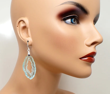 Faux Druzy Geode Slice Style Blue Green Glitter Resin Handmade Earrings, Silver Plated, Hook Lever Back or Clip On