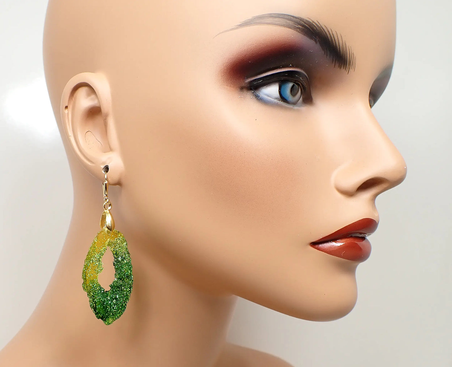 Faux Druzy Geode Slice Style Green and Yellow Resin Handmade Earrings, Iridescent Glitter, Gold Plated, Hook Lever Back or Clip On
