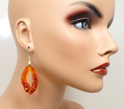 Fiery Red and Orange Resin Handmade Earrings, Druzy Geode Style, Iridescent Glitter, Gold Plated, Hook Lever Back or Clip On (Copy)