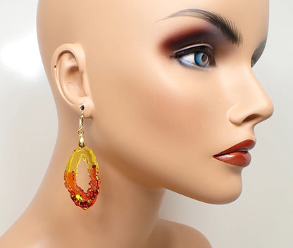 Fiery Red Orange Yellow Resin Handmade Earrings, Druzy Geode Style, Iridescent Glitter, Gold Plated, Hook Lever Back or Clip On