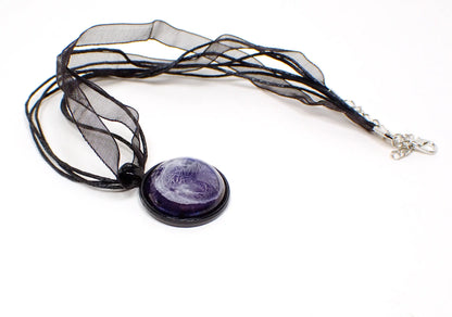 Handmade Black and Iridescent Purple Domed Round Frost Resin Pendant Necklace, Biker Rocker Emo Goth