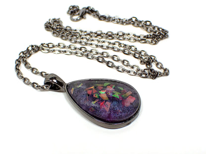 Dark Purple Resin Handmade Teardrop Pendant Necklace with Iridescent Chunky Glitter