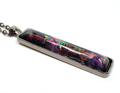 Purple Handmade Resin Bar Pendant Necklace with Chunky Iridescent Glitter, Gunmetal Plated