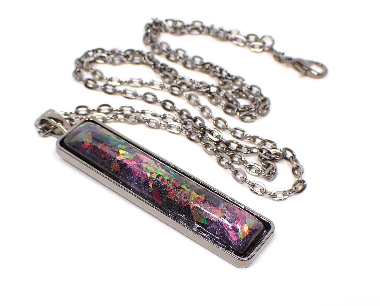 Purple Handmade Resin Bar Pendant Necklace with Chunky Iridescent Glitter, Gunmetal Plated