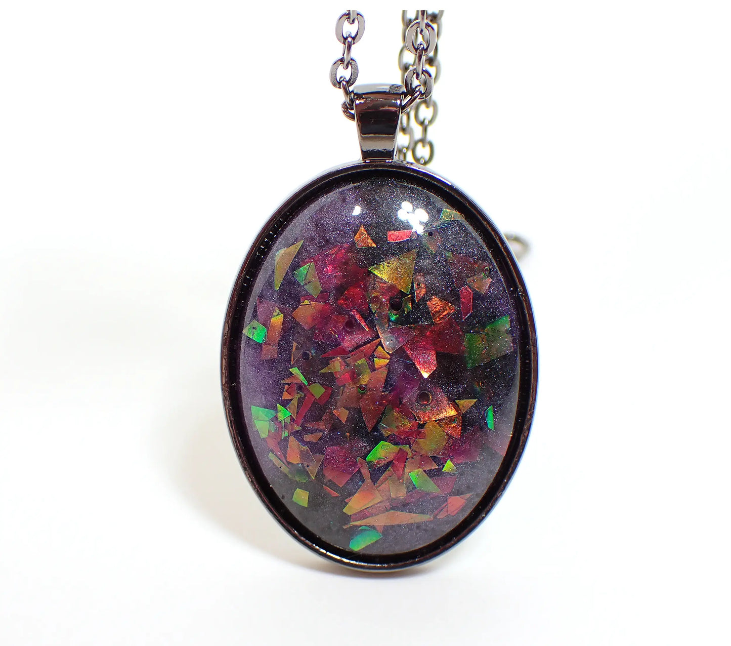 Large Oval Handmade Purple Resin Pendant Necklace with Iridescent Glitter, Gunmetal Plated