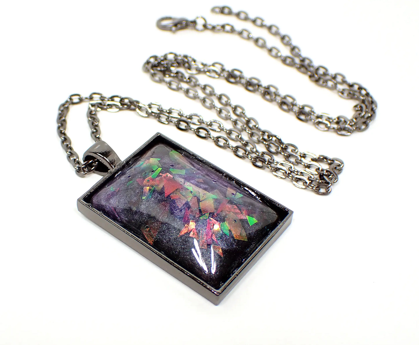 Large Handmade Purple Resin Rectangle Pendant Necklace with Chunky Iridescent Glitter, Gunmetal Plated