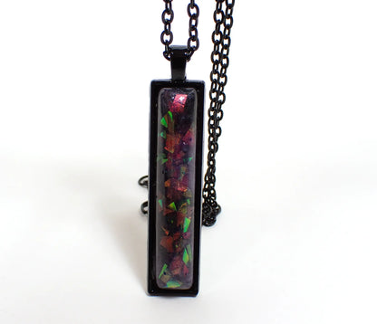 Dark Purple Handmade Resin Black Bar Pendant Necklace with Chunky Iridescent Glitter, Emo Goth Jewelry