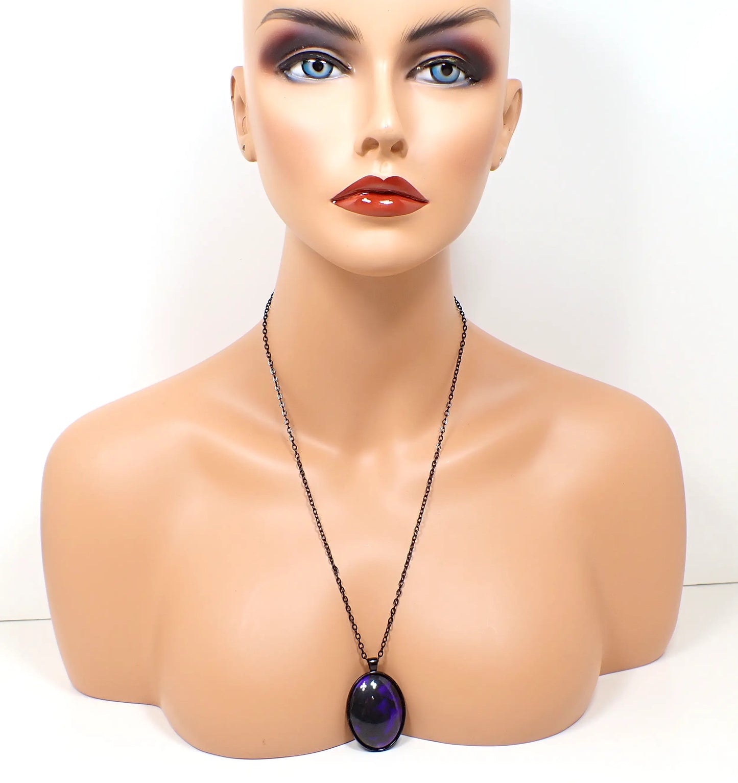Large Goth Handmade Black and Purple Resin Oval Pendant Necklace