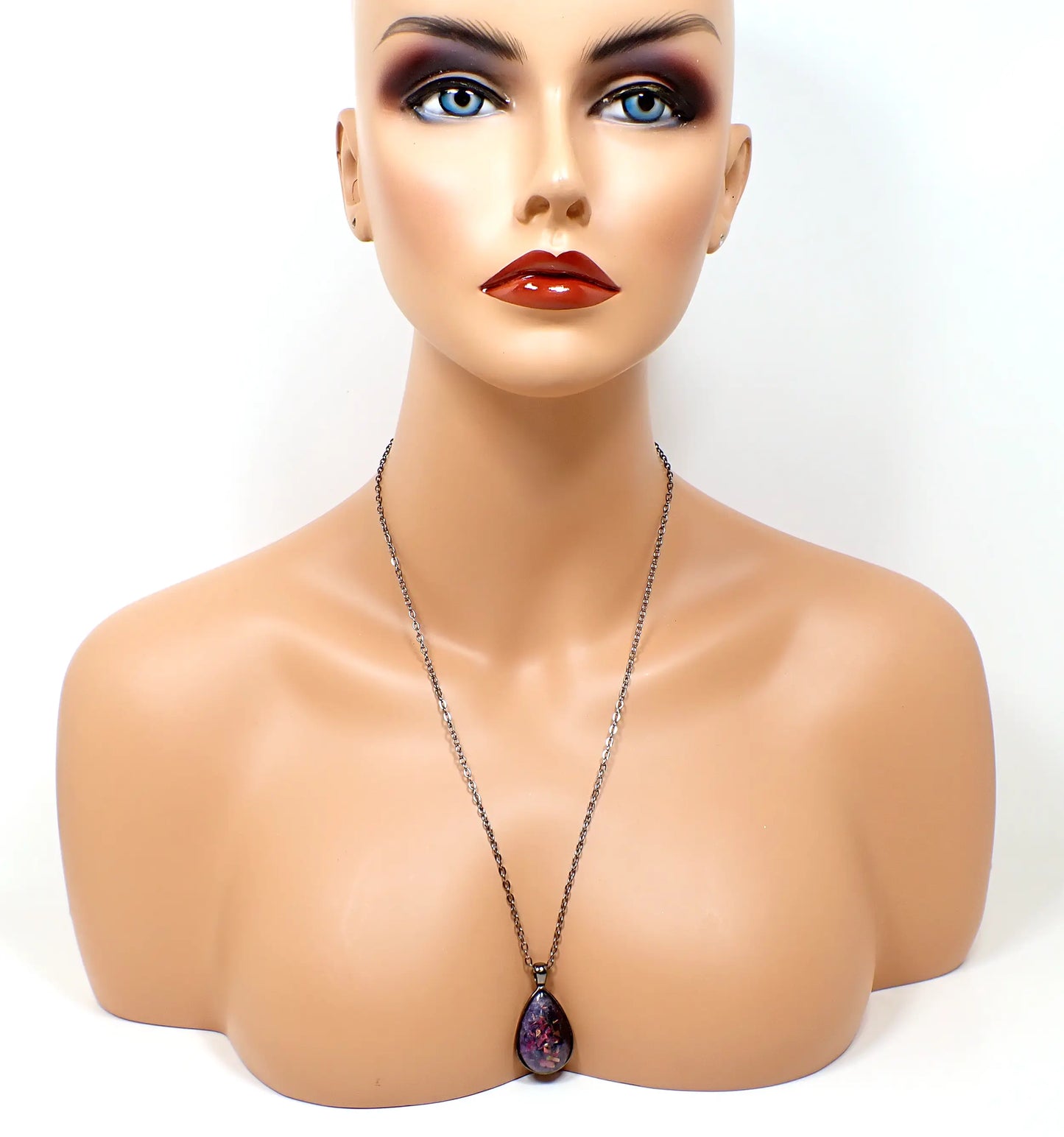 Dark Purple Resin Handmade Teardrop Pendant Necklace with Iridescent Chunky Glitter
