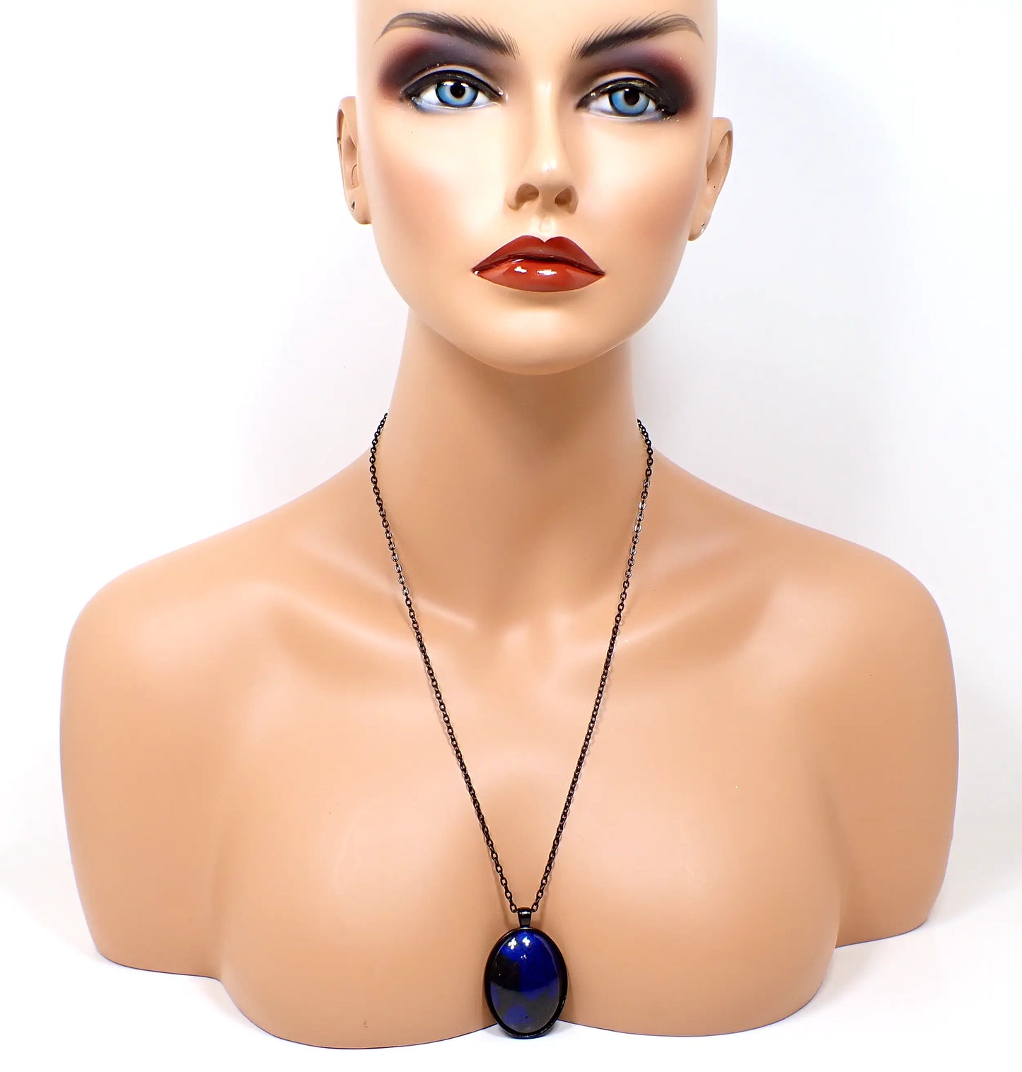 Big Goth Handmade Black and Blue Resin Oval Pendant Necklace