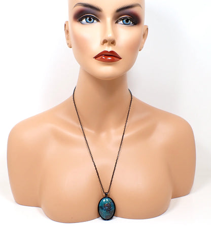 Big Goth Handmade Dark Gray and Teal Blue Resin Black Oval Pendant Necklace with Holo Glitter
