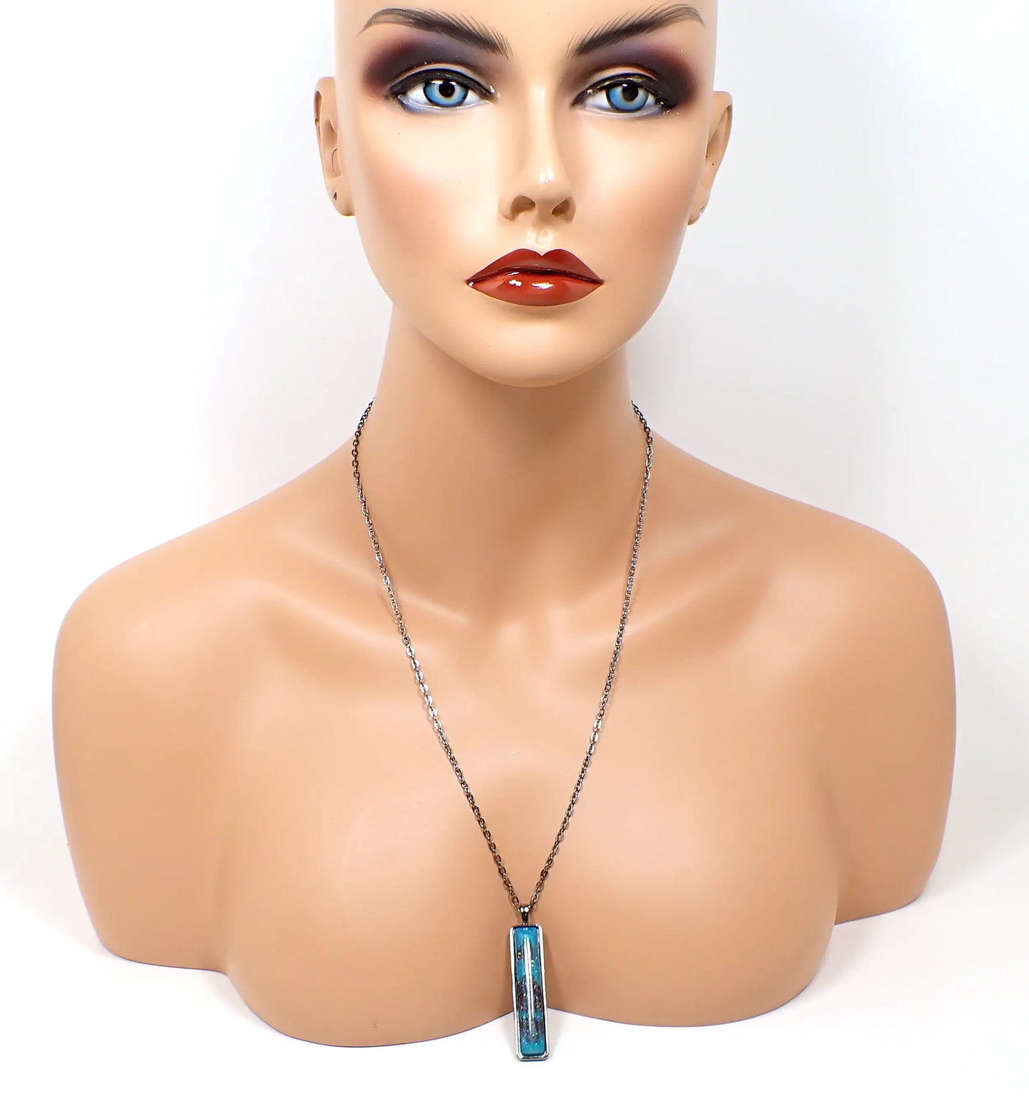 Handmade Teal Blue and Dark Gray Resin Gunmetal Bar Pendant Necklace with Holo Glitter