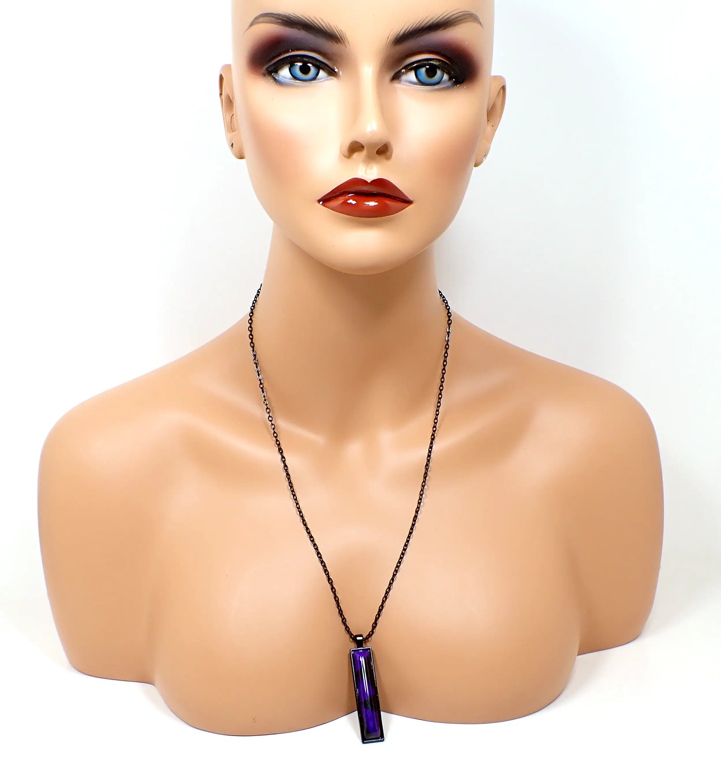 Goth Handmade Black and Purple Resin Bar Pendant Necklace
