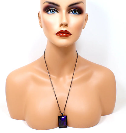 Goth Large Handmade Purple and Black Resin Rectangle Pendant Necklace