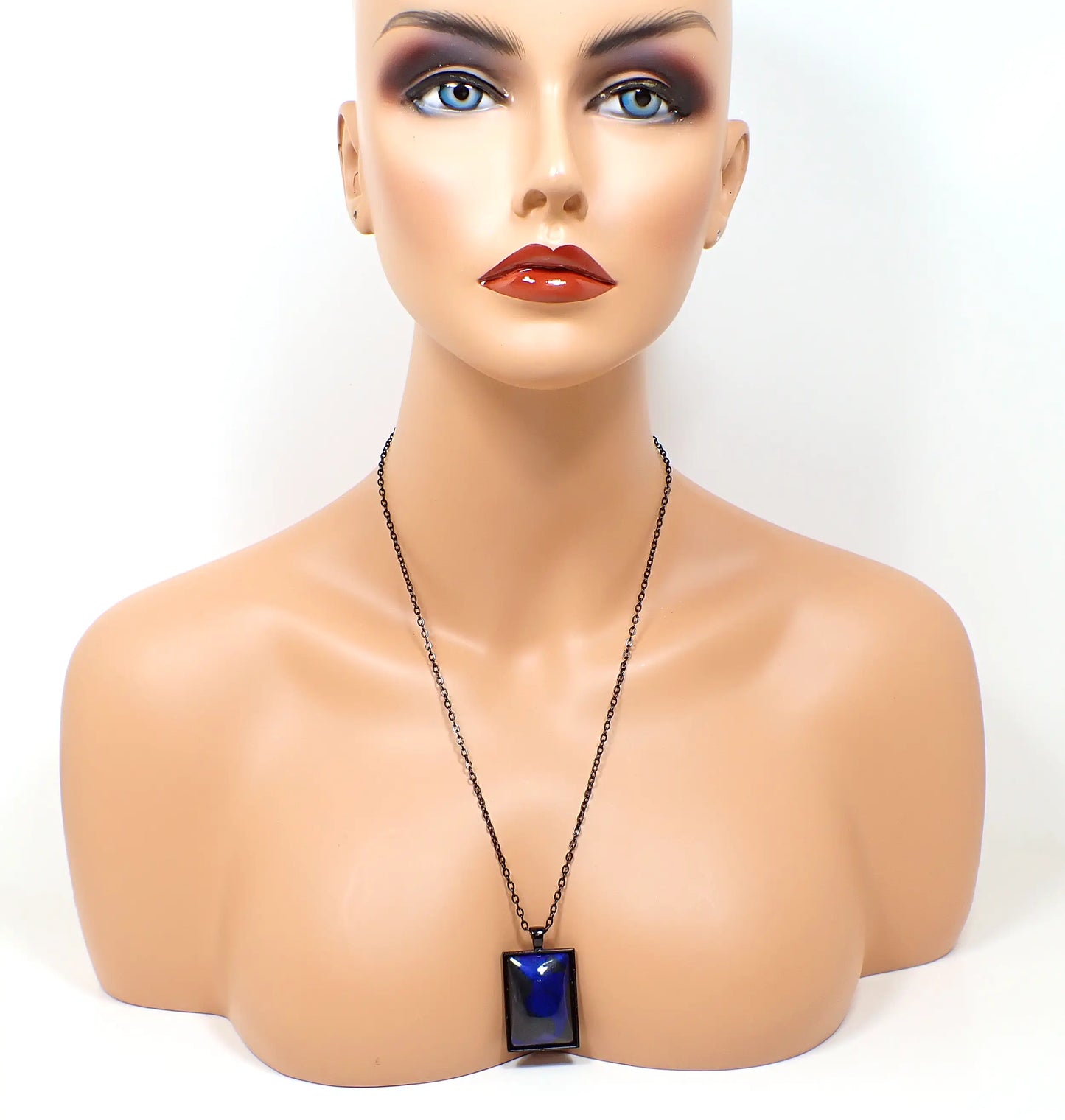 Large Goth Handmade Cobalt Blue and Black Resin Rectangle Pendant Necklace