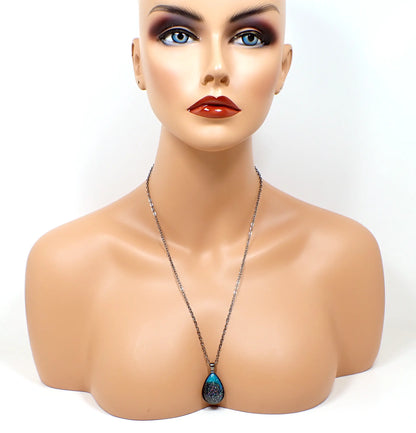 Gunmetal Handmade Teal Blue and Dark Gray Resin Teardrop Pendant Necklace with Holographic Glitter